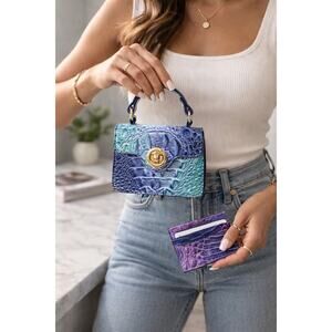 Croc Embossed Mini Satchel Bag Card Holder Set Blue Purple Ombre Top Handle